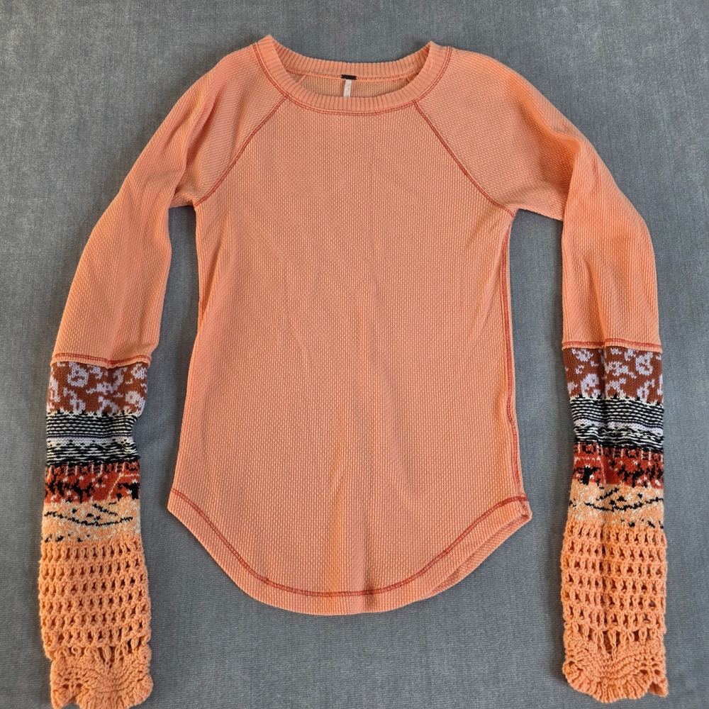 Free People Kombucha Cuff Thermal Top S Peach Waffle Knit Crochet Sleeve ASO TVD
